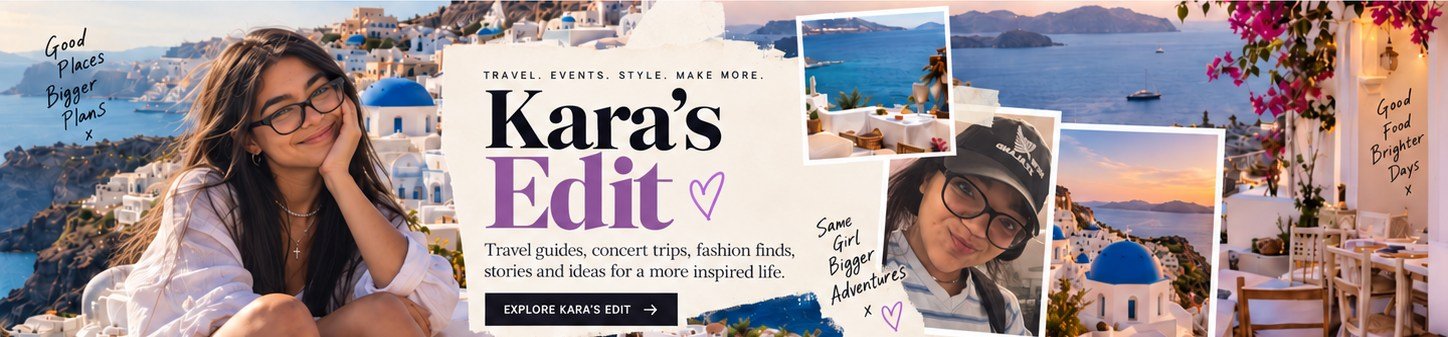 Kara’s Edit editorial collage with illustrative portraits, Greece, destinations and lifestyle photography